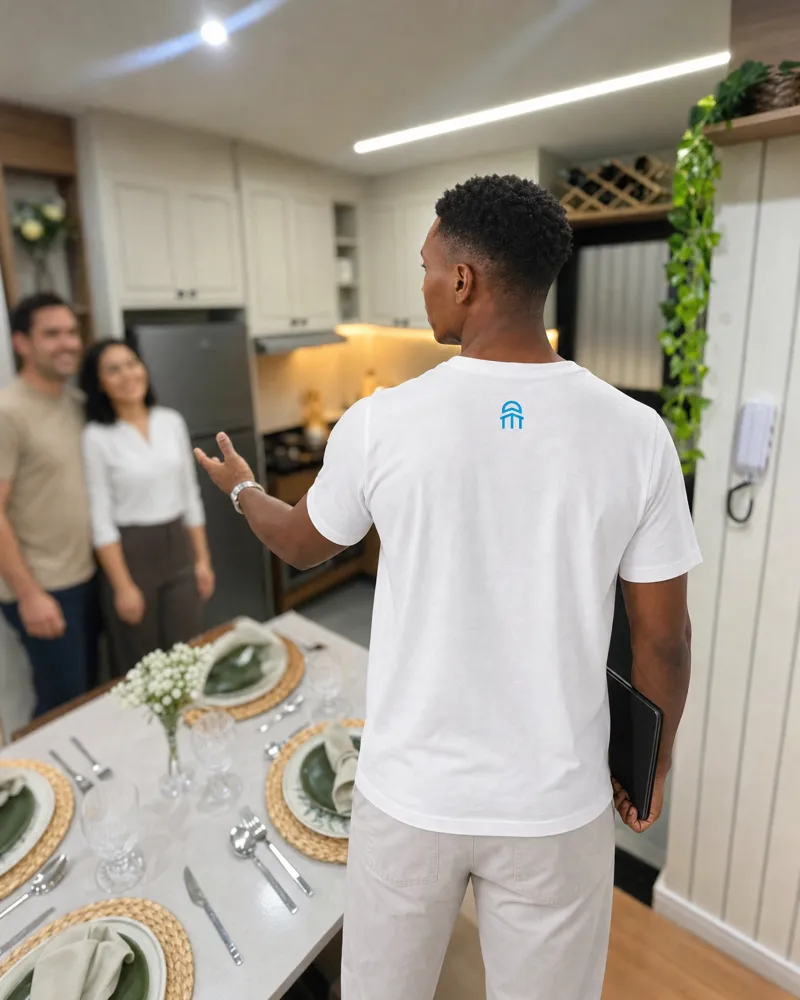 Corretor da Dommu apresentando o apartamento decorado para um casal